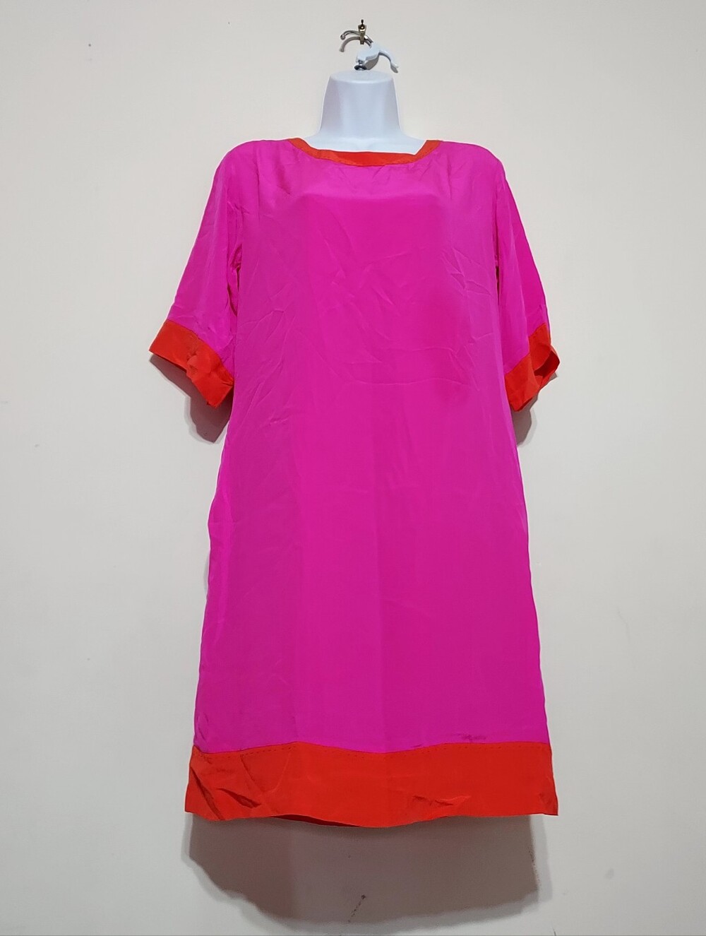 Pink Tartan 100% Silk Vintage Colorblock Retro Shift Orange Pink Dress Sz-XS